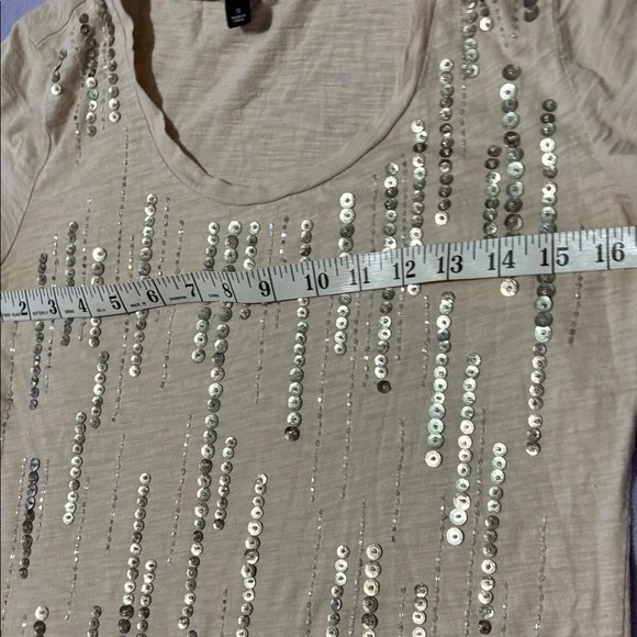 Ann Taylor Beige Sequin Short Sleeve Top - Picture 3 of 7